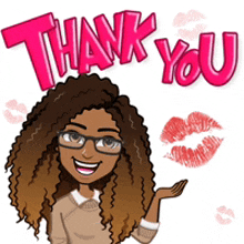 a cartoon girl with curly hair and glasses says thank you with a kiss behind her