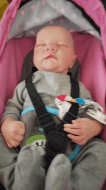 a baby is sleeping in a pink stroller with a black strap around his neck