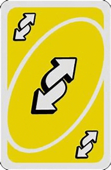 a yellow uno card with two white arrows pointing in opposite directions .