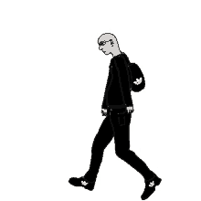 a drawing of a bald man wearing sunglasses and carrying an adidas backpack