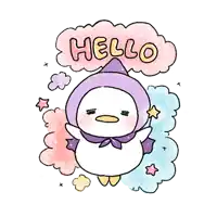 a cartoon penguin wearing a purple hat and scarf says hello .