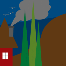 a drawing of a house with smoke coming out of the chimney surrounded by trees