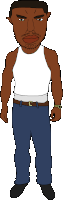 a cartoon drawing of a man with a beard wearing a white tank top and blue jeans