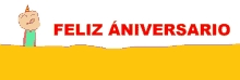 a cartoon of a man blowing a party horn with the words feliz aniversario in red