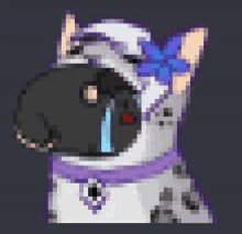 a pixel art drawing of a dalmatian dog with a tear running down its face