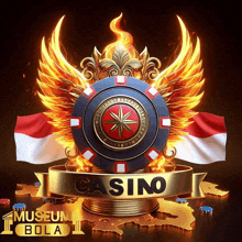 a logo for a casino with wings and a flag