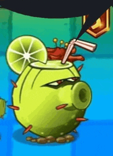 a cartoon cactus with a straw in its mouth and a slice of lime on top .