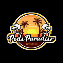 a logo for pods paradise with palm trees and smoke