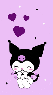 a black and white cartoon character with a skull on its head is sitting on a purple background with hearts .