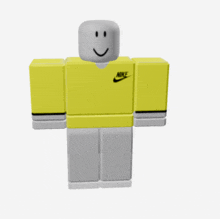 a roblox character wearing a yellow nike shirt is smiling