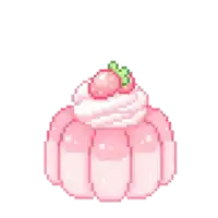 a pixel art illustration of a pink pudding with whipped cream and a strawberry on top .