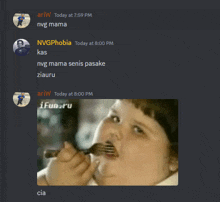 a screenshot of a discord conversation with a picture of a fat kid eating with a fork