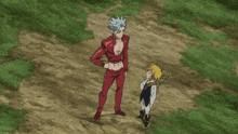 ban and meliodas are standing next to each other on a dirt road