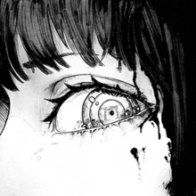 a black and white drawing of a girl 's eye with a clock in it .