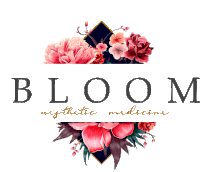 a logo for bloom aesthetic medicine with flowers in the background