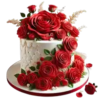 a white cake decorated with red roses and the letters bc on it