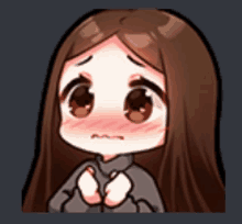 a cartoon girl with long brown hair is making a sad face with her hands on her chest .