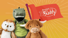 a group of stuffed animals with a flag that says " bring back my buddy "