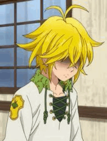 meliodas from the seven deadly sins is wearing a white shirt with a green collar .