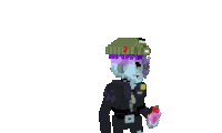 a pixel art of a man holding a bottle with the word cheer in the background