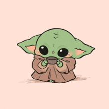 a drawing of a baby yoda holding a cup