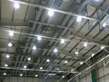 a large warehouse with lots of lights on the ceiling .