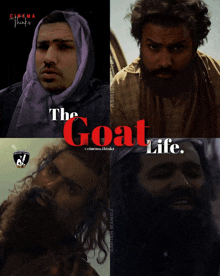 a movie poster for the goat life shows a man with a scarf on his head