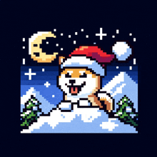 a pixel art of a dog wearing a santa hat in the snow