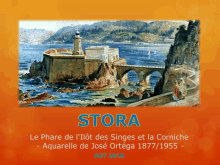 a poster with a painting of a lighthouse and the words stora on the bottom