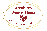 a logo for woodstock wine & liquor with a bunch of grapes on it