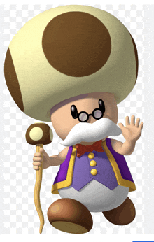 a cartoon toad with glasses and a cane