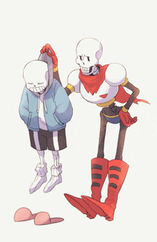 two skeletons are standing next to each other and one has a scarf around his head