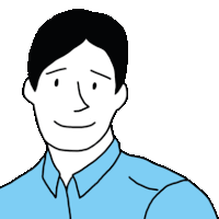 a black and white drawing of a man wearing a blue shirt and smiling