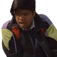 a man wearing a jacket with a purple collar