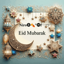 a greeting card for eid mubarak with a crescent moon and lanterns