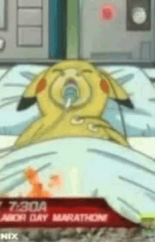 a cartoon pikachu is laying in a hospital bed with an oxygen mask on his face .