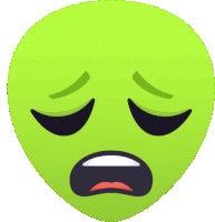 a green alien face with its eyes closed and a sad look on its face