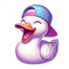 a white rubber duck wearing a pink and blue hat is smiling .