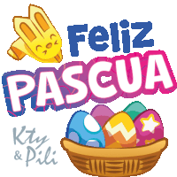 a sign that says feliz pascua with a basket of easter eggs