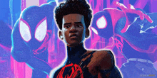 miles morales from spider-man into the spider-verse is standing in front of a purple background .