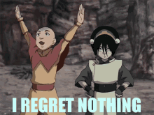 two cartoon characters are standing next to each other with the words " i regret nothing " below them