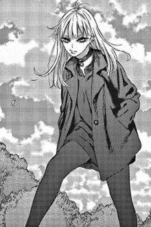 a black and white drawing of a girl in a coat and tights standing in front of a cloudy sky .