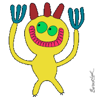 a cartoon drawing of a yellow monster with green eyes and red horns is signed by borkowski