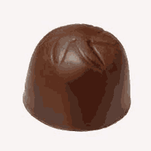 a close up of a chocolate candy on a white surface .