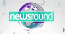 a newsround logo with a globe and snowflakes in the background