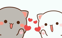 two cartoon cats holding hearts in their paws