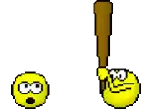 a pixel art of a yellow smiley face holding a bat