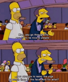 a cartoon of homer simpson and moe from the simpsons standing in a courtroom .