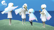 a group of cartoon characters are standing on a grassy hill with the word sky above them