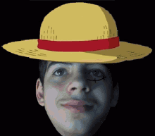 a man wearing a yellow hat with a red ribbon